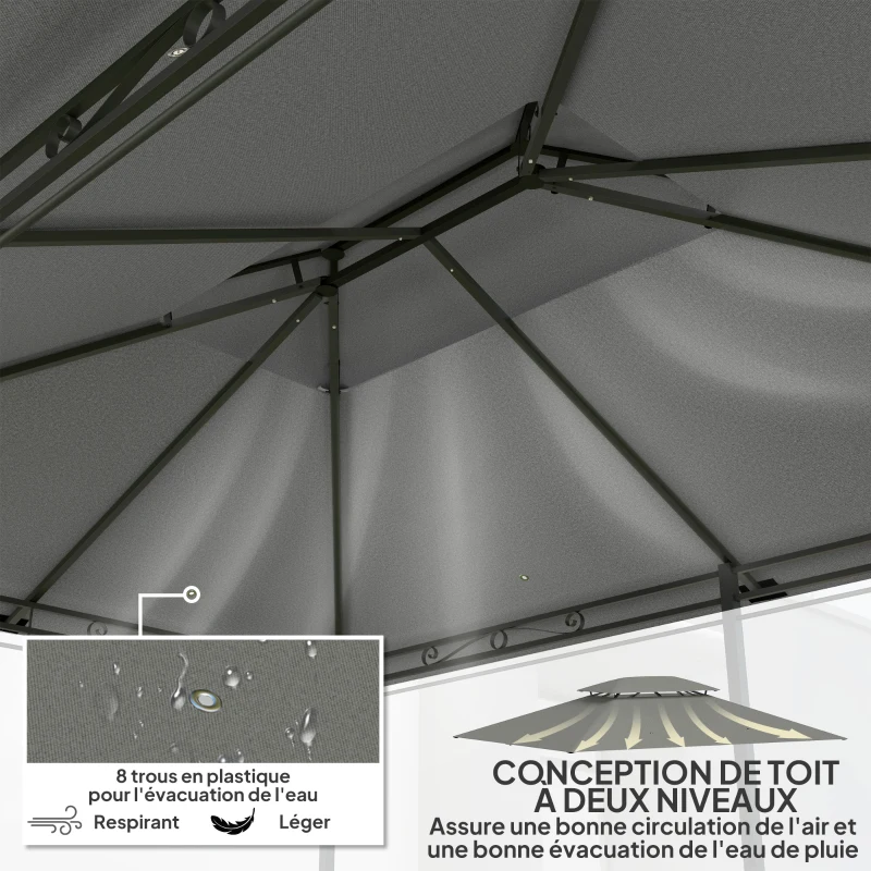 Outsunny Toile de rechange pour pavillon toile de tonnelle 4 x 3 m, double toit avec trous de drainage, polyester 180 g/m², gris