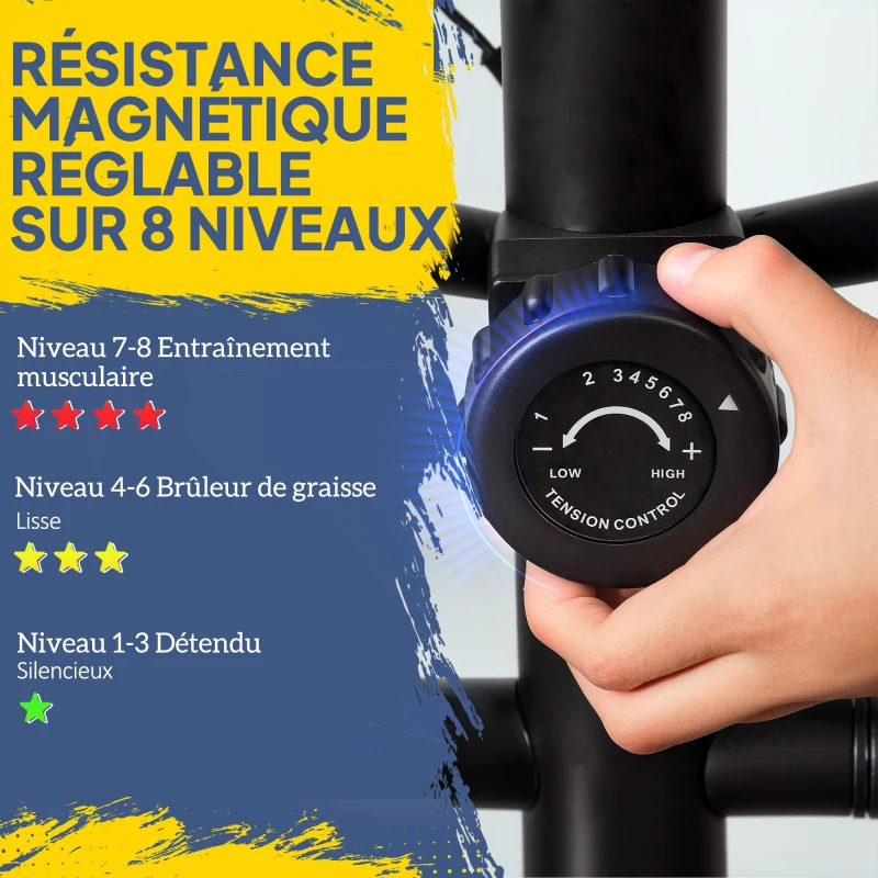 SPORTNOW Vélo elliptique pour la maison ultra silencieux, magnétique 8 niveaux résistance, écran LED, capteur de pouls, noir