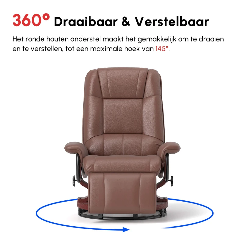 HOMCOM Relaxstoel, 145° kantelbaar, Verstelbare Voetensteun, Kunstleder, 360° Draaibaar, tot 120 kg, Bruin(m-5)