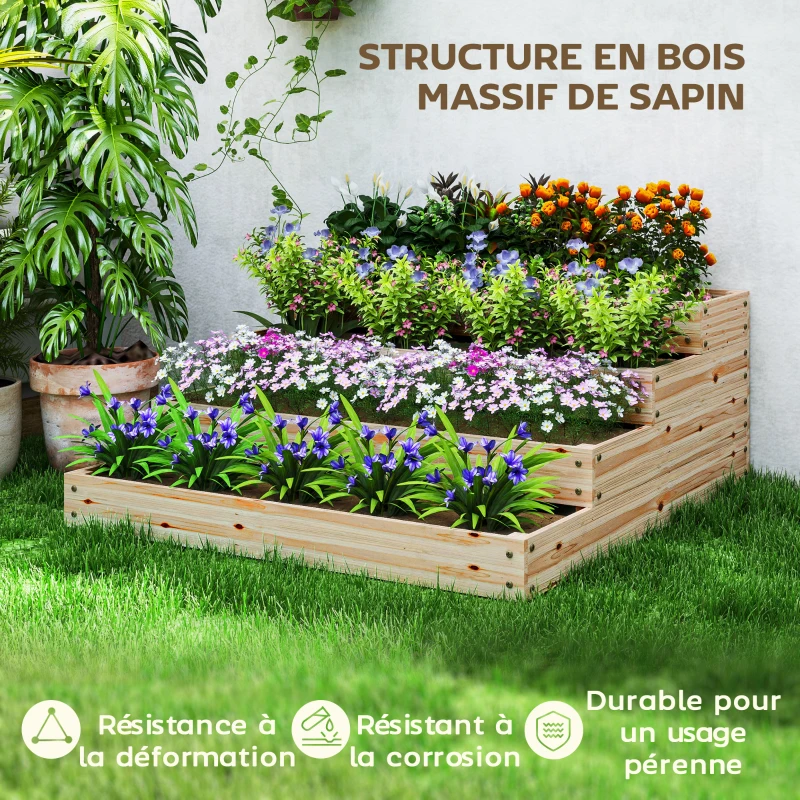 Outsunny Carré potager de jardin sans fond 4 étages pour herbes légumes fruits fleurs 113 x 113 x 46 cm bois naturel