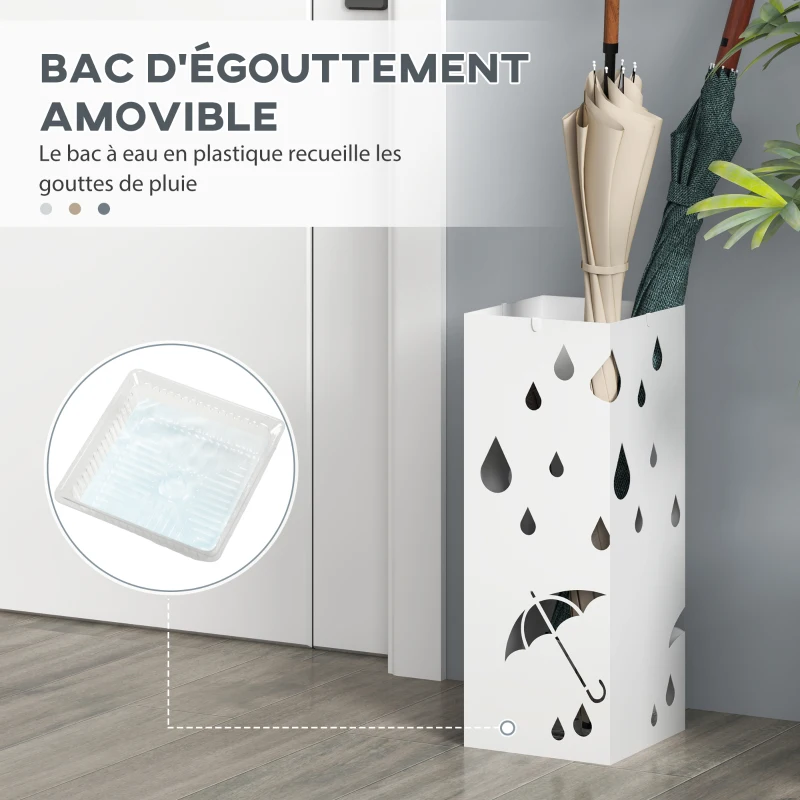 HOMCOM Porte-parapluie support à parapluie carré en acier avec 4 crochets et bac de récupération d'eau amovible blanc
