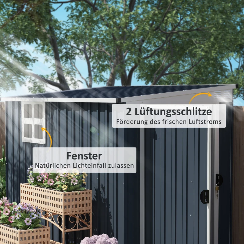 Outsunny Tuinopbergschuur, gereedschapsschuur voor tuingereedschap, venster, ventilatieopeningen, afsluitbaar, staal, donkergrijs(m-4)