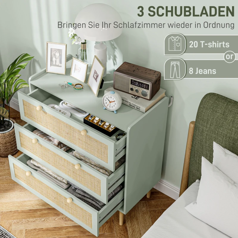 HOMCOM Schlafzimmer-Kommode mit 3 Schubladen, Rattan-Fronten, Kleiderkommode für Flur, Eingangsbereich, MDF, Grün(m-4)