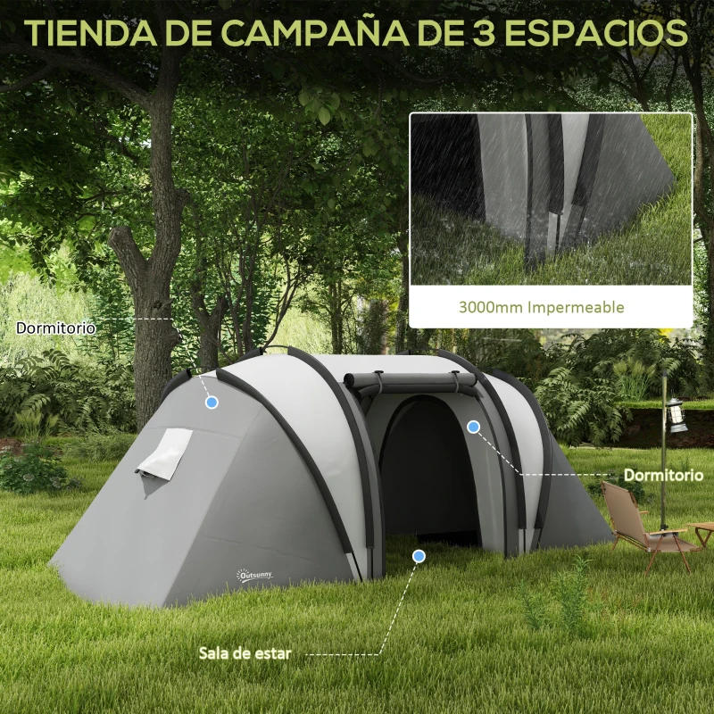 Outsunny Tienda de Camping Familiar para 4-5 Personas con 2 Habitaciones Separadas Puertas y Ventanas 450x220x180 cm Gris