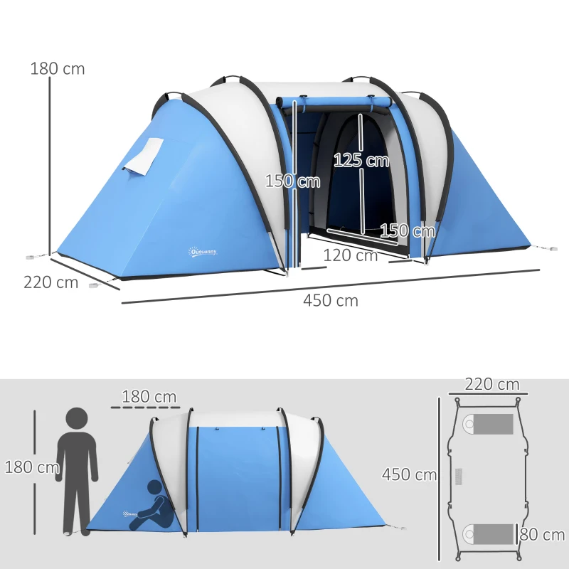 Outsunny Tenda da Campeggio 2 Posti Impermeabile con 2 Stanze Borsa di Trasporto, 220x450x180 cm, Blu
