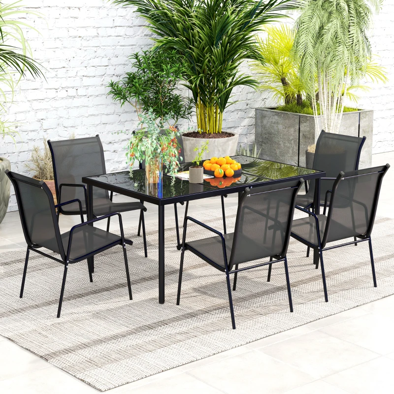 Outsunny Ensemble de jardin 6 pers. 6 chaises empilables table plateau verre trempé 5 mm métal époxy textilène noir