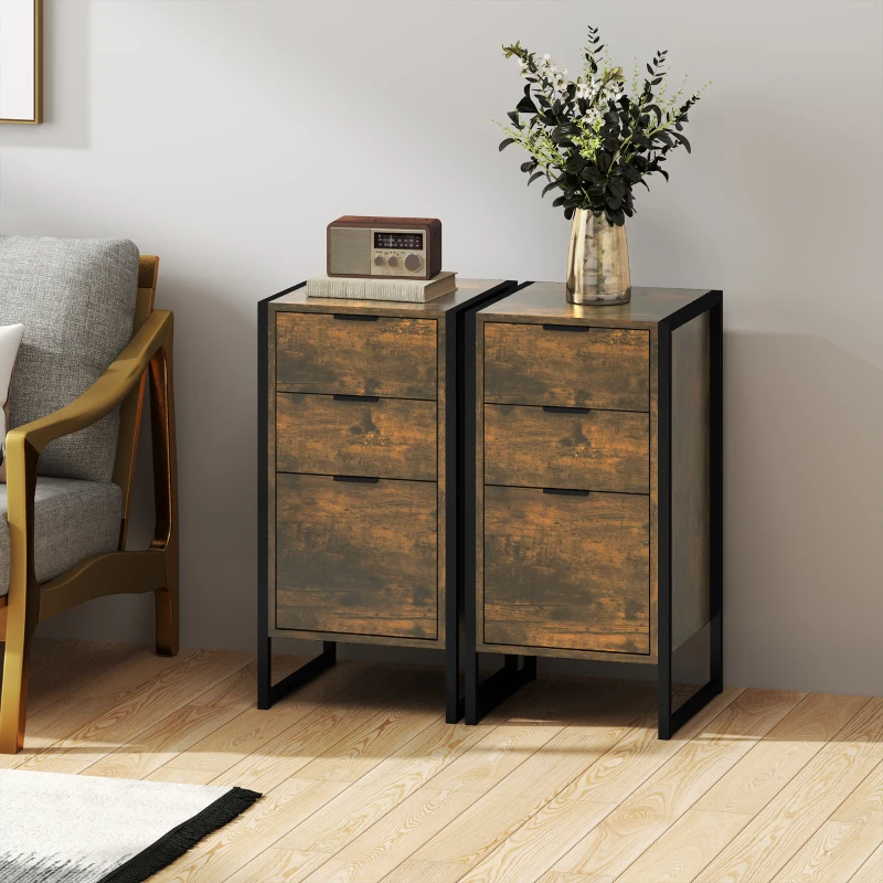 HOMCOM Bedroom Chest of Drawers Set of 2, Industrial 3-Drawer Dresser, Storage Drawers Unit with Metal Frame for Living Room, Rustic Brown
