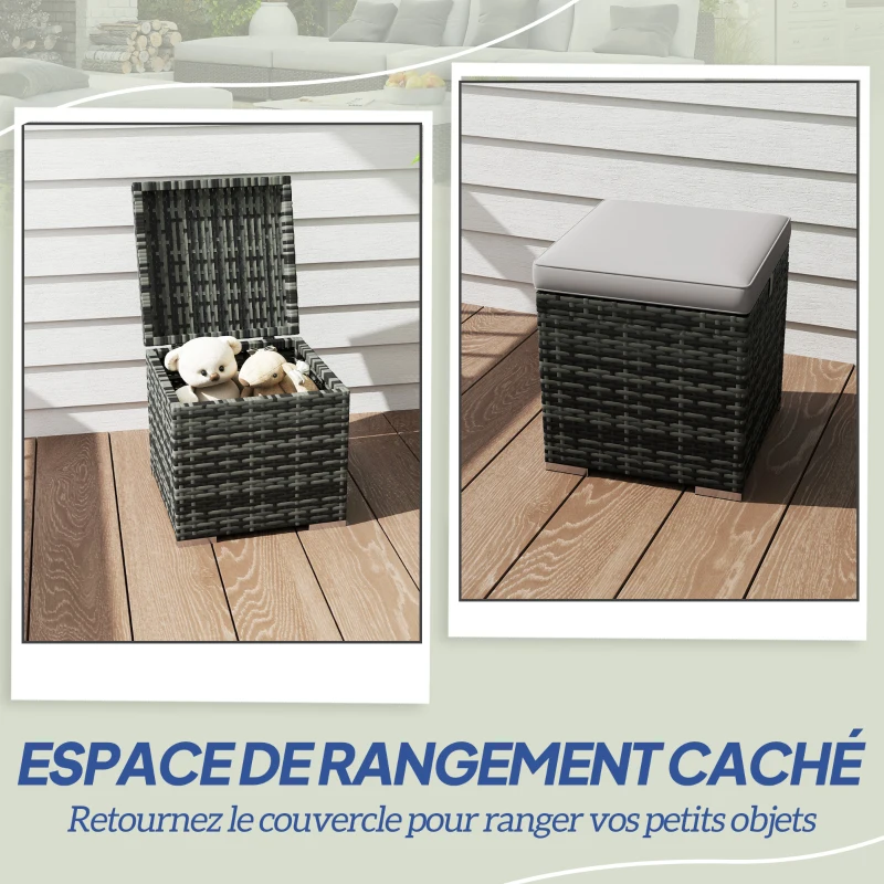 Outsunny Lot de 2 tabourets avec espace de rangement en rotin PE repose-pied de jardin avec coussin 40 x 40 x 41 cm, gris clair