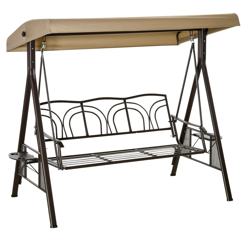 Outsunny 3-Sitzer Hollywoodschaukel Gartenschaukel mit Sonnendach Kissen Metall Polyester Khaki 116 x 206 x 183 cm