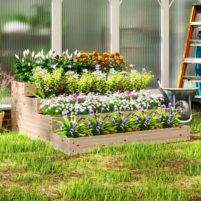 Outsunny Carré potager de jardin sans fond 4 étages pour herbes légumes fruits fleurs 113 x 113 x 46 cm bois naturel