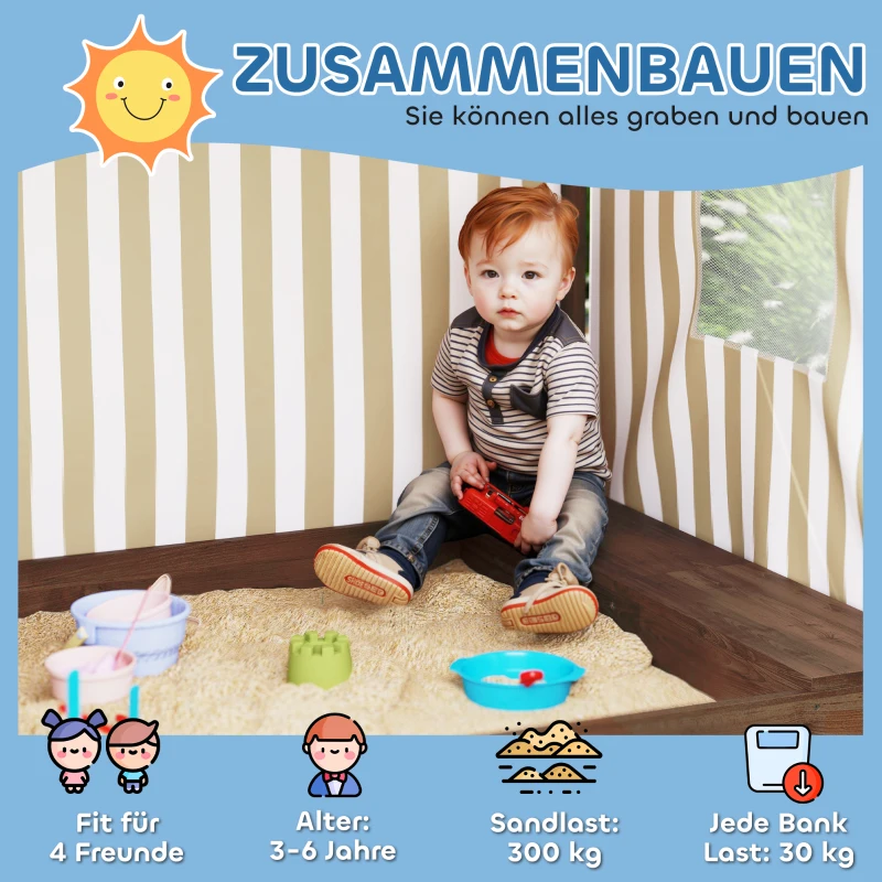 AIYAPLAY Zandbak, Zandkist met Baldakijn en Netdeur, Zitbanken, Bodembescherming, Bruin