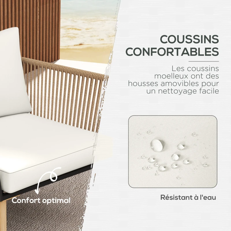 Outsunny Salon de Jardin en résine tressée 4 places avec 1 canapé 2 fauteuils et 1 table basse 7 coussins inclus crème
