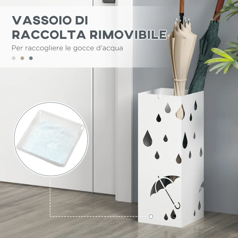 HOMCOM Portaombrelli in Metallo con 4 Ganci e Vaschetta Raccogligocce, 15.5x15.5x41cm, Bianco