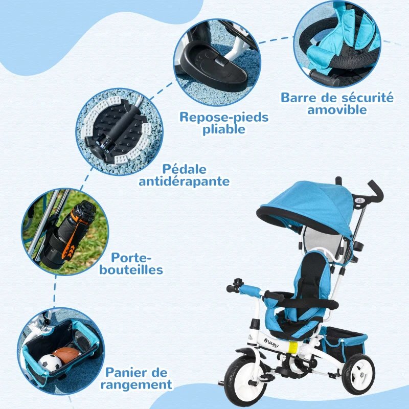 HOMCOM Tricycle 6 en 1 pour enfants, auvent, ceinture de sécurité 5 points, rangement, repose-pieds, frein, 1-5 ans, bleu