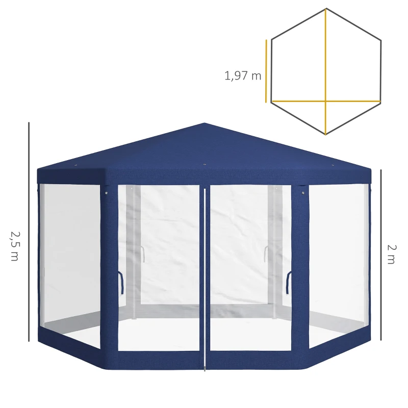 Outsunny Gartenpavillon, 6-eckig, Netzvorhänge, Metallgestell, 3,94x3,412x2,5m, Blau(m-3)