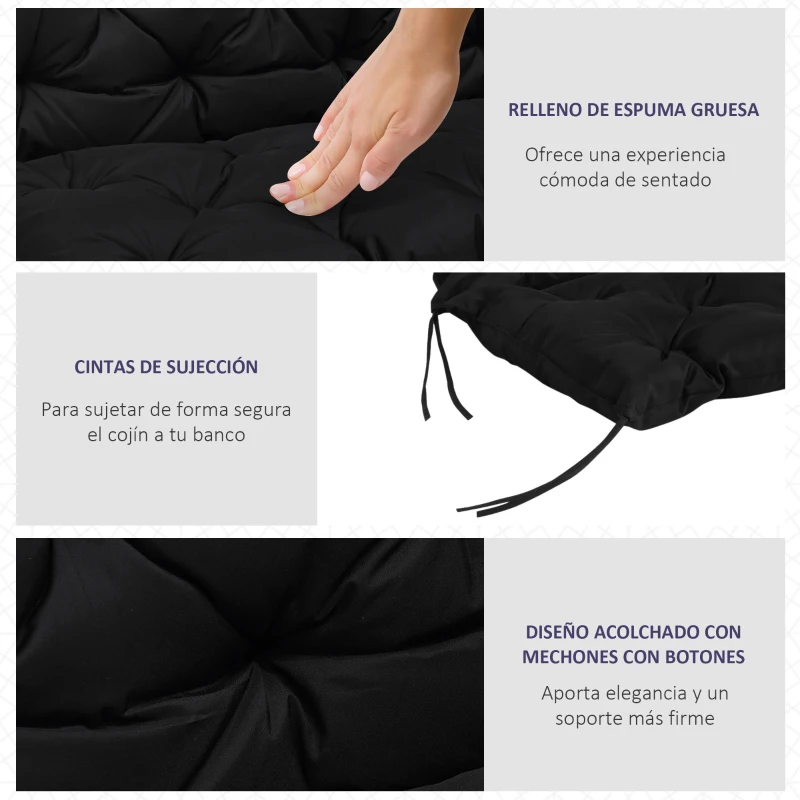 Outsunny Cojín para Banco con Respaldo 100x98x8 cm de 2 Plazas con Cordones de Fijación para Jardín Terraza Balcón Exterior Negro