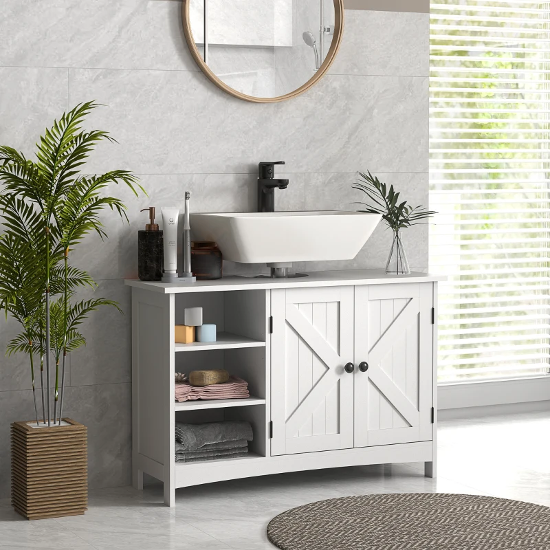 kleankin Dulap Rustic Alb pentru Sub Chiuveta – 2 Usi si Rafturi(m-7)
