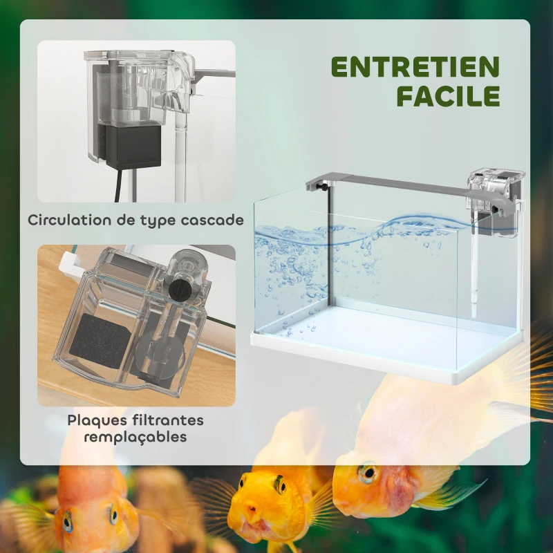 PawHut Aquarium en verre avec lumières LED aquarium de 20L pompe à filtre 38 x 26 x 27 cm blanc