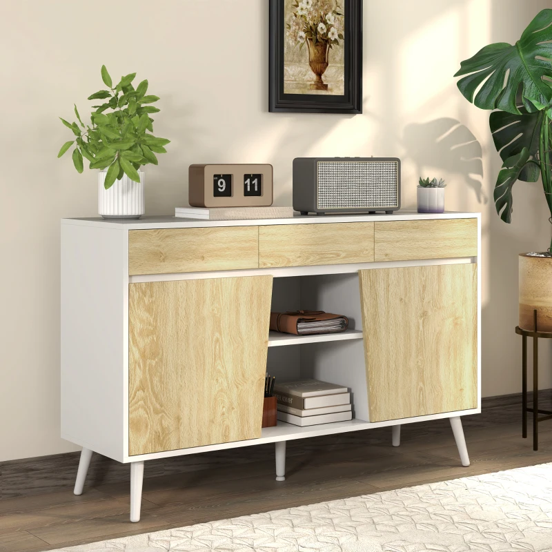 HOMCOM Aparador Moderno con Cajones Estantes Abiertos y Almacenaje Ajustable Para Sala o Comedor 120x39x77 cm Blanco y Natural