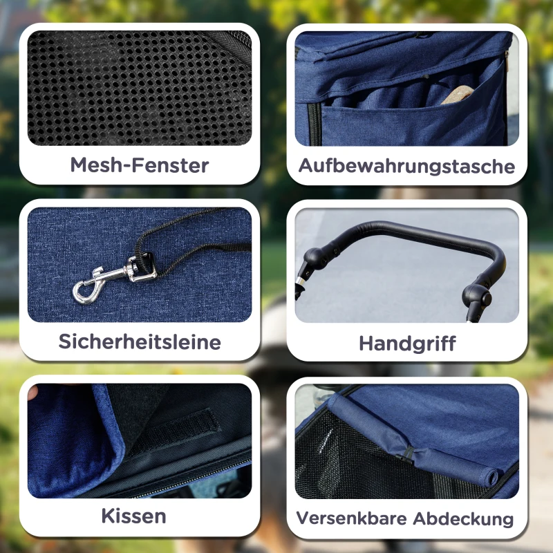 PawHut Hundewagen, Leichter und faltbarer Transportwagen für kleine Hunde, waschbares Kissen, Netzfenster, Dunkelblau(m-7)