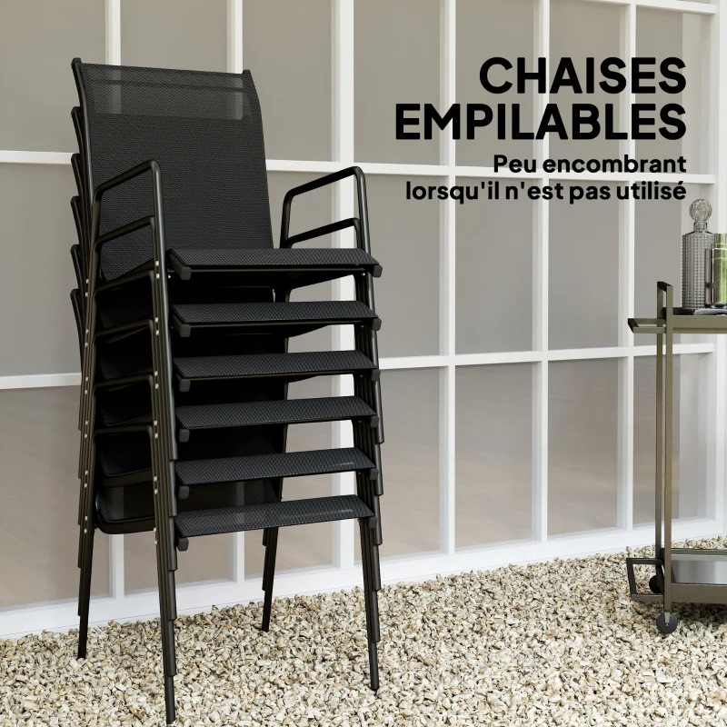 Outsunny Ensemble de jardin 6 pers. 6 chaises empilables table plateau verre trempé 5 mm métal époxy textilène noir