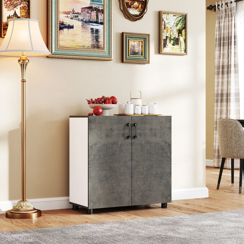 HOMCOM Aparador de Salón Pequeño y Moderno con Estante y Puertas de Cierre Suave 80x37x80 cm Gris Cemento y Blanco Brillo