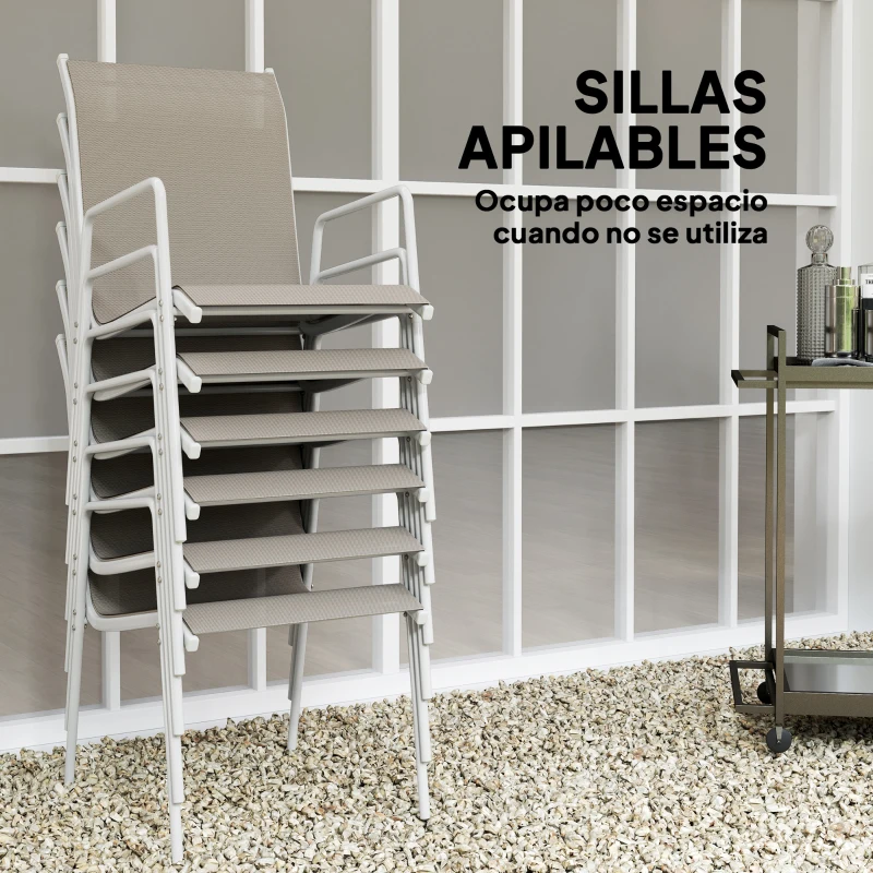 Outsunny Juego de Comedor de Jardín de 7 Piezas con 1 Mesa 6 Sillas Apilables para Terraza Patio Blanco y Gris