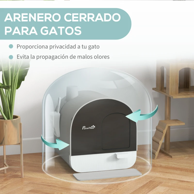 PawHut Arenero para Gatos Caja de Arena Cerrada para Gatos con Bandeja Extraíble Pala y Filtro 43x44x47 cm Gris