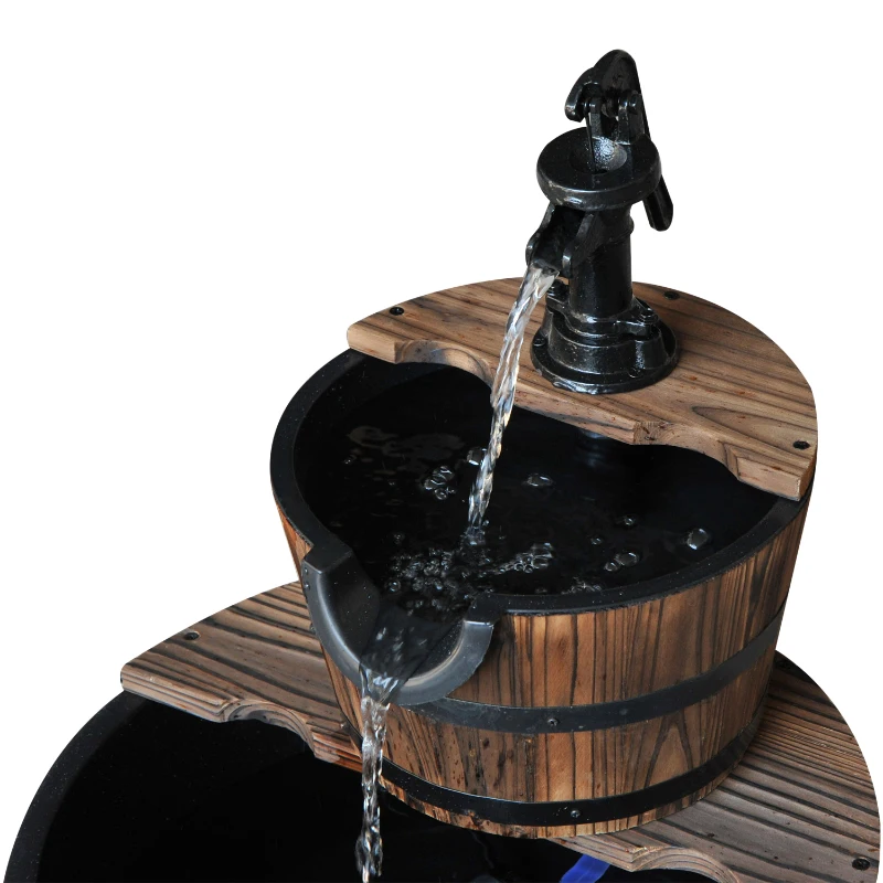 Outsunny Kaskadenbrunnen 2-stufig Gartenbrunnen Zierbrunnen Zimmerbrunnen Wasserspiel Wasserfall Wasserpumpe Tannenholz Dunkelbraun 44,5 x 44,5 x 58,5 cm