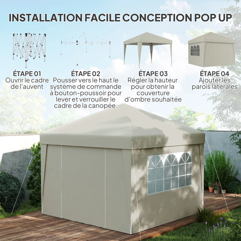Outsunny Tonnelle de jardin pliante 3 x 3 x 2,75 m anti-UV 30 + avec fenêtres + parois latérales + sac de transport crème