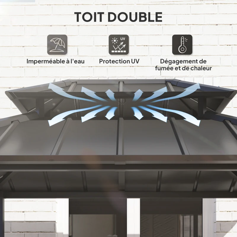 Outsunny Tonnelle de barbecue abri barbecue à double-toit rigide avec 2 étagères et crochet supérieur, 244x184x258cm, noir