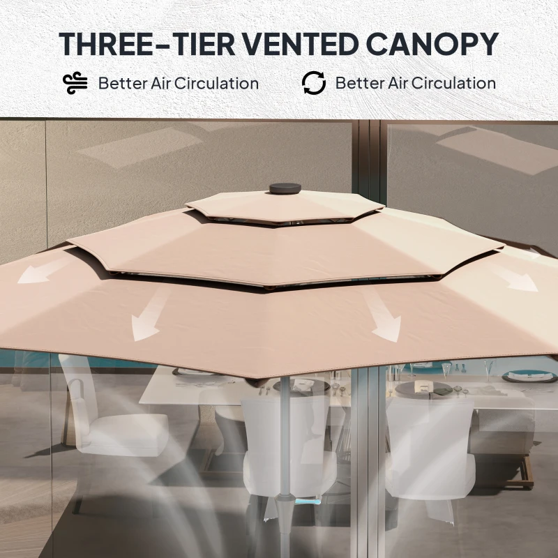 Outsunny 3-Tier Garden Parasol with Solar LED Lights, UPF 30+, Tilt Mechanism & Crank Handle, for Market Terrace, Khaki
