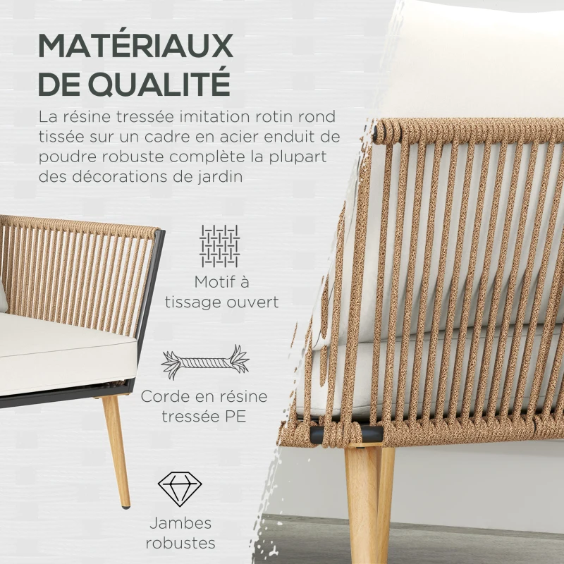 Outsunny Salon de Jardin en résine tressée 4 places avec 1 canapé 2 fauteuils et 1 table basse 7 coussins inclus crème