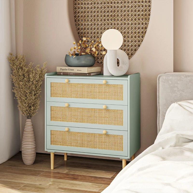 HOMCOM Schlafzimmer-Kommode mit 3 Schubladen, Rattan-Fronten, Kleiderkommode für Flur, Eingangsbereich, MDF, Grün(m-9)