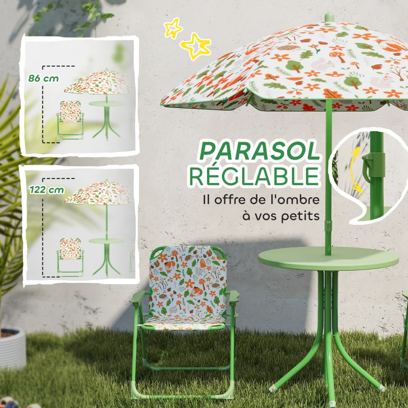 AIYAPLAY Ensemble salon de jardin extérieur enfant 4 pièces, motif éléphant et girafe, parasol réglable Ø 100 cm, chaise pliable