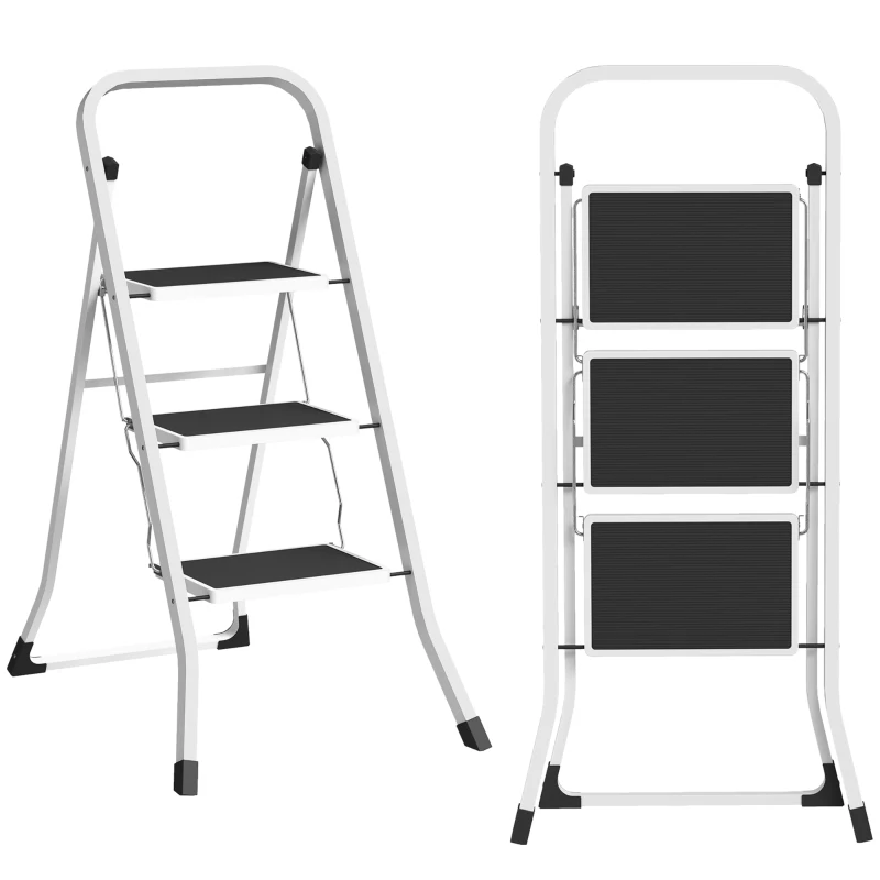 HOMCOM Escalera Plegable de 3 Peldaños 71x46,5x105,3 cm con Superficie Antideslizante Asa de Transporte y Carga Máxima 150 kg