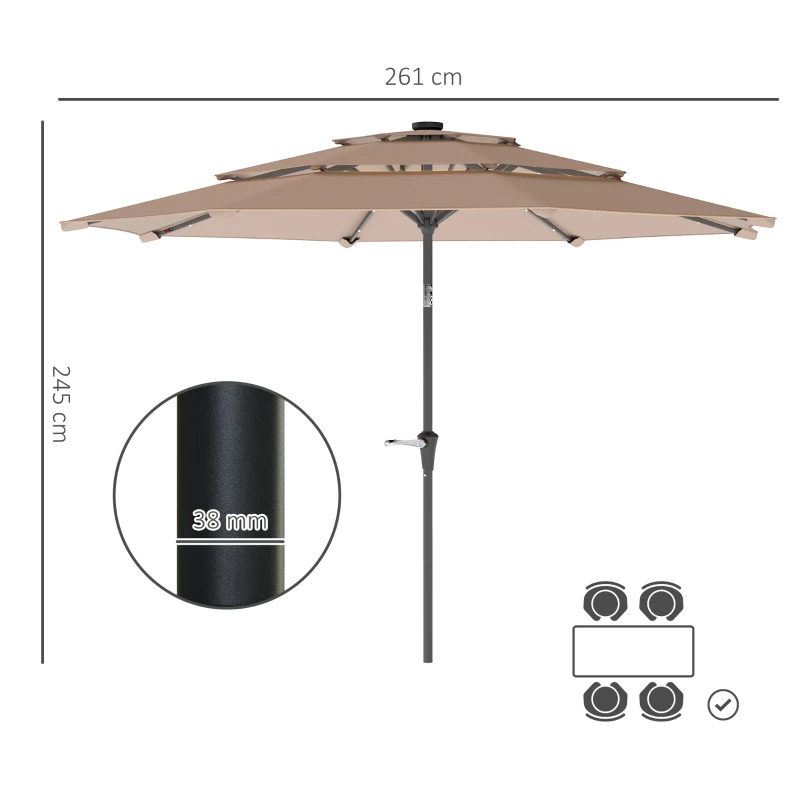 Outsunny 3-Tier Garden Parasol with Solar LED Lights, UPF 30+, Tilt Mechanism & Crank Handle, for Market Terrace, Khaki