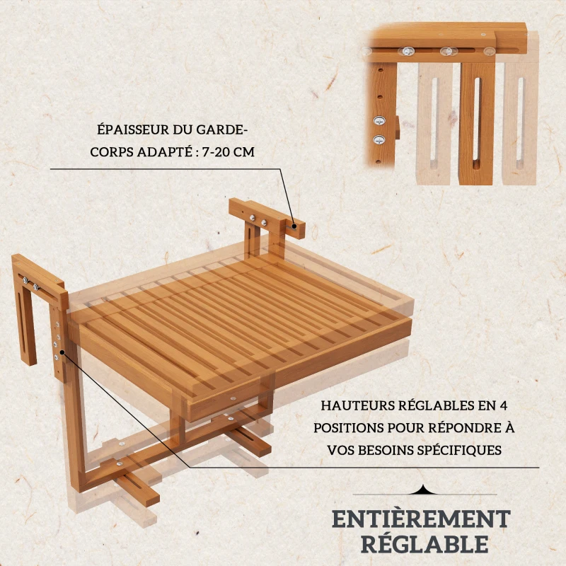 Outsunny Table de balcon suspendue en bois pliable plateau rectangulaire hauteur réglable dim. 68L x 65l x 40,5-55H cm naturel