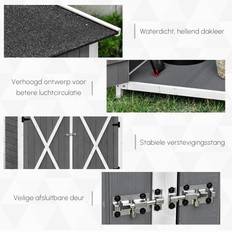Outsunny gereedschapsschuur met 2 deurs gereedschapskast met asfaltdak Tuin opbergkast anti-dumping design met grondspijkers dennenhout grijs + wit 139 x 75 x 160 cm
