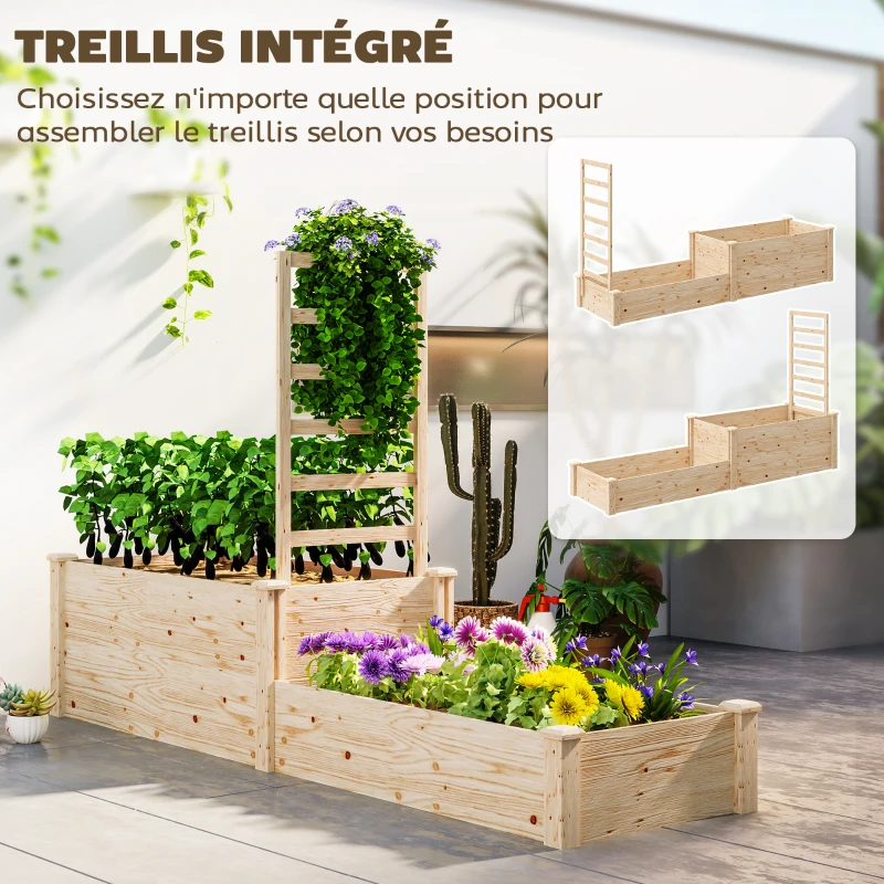 Outsunny Jardinière avec treillis à 2 bacs avec fond ouvert, pour balcon terrasse patio, 222 x 63 x 132 cm, effet bois naturel