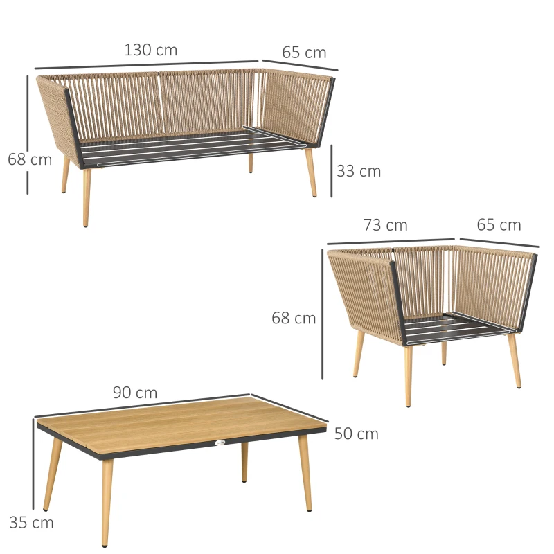 Outsunny Salon de Jardin en résine tressée 4 places avec 1 canapé 2 fauteuils et 1 table basse 7 coussins inclus crème