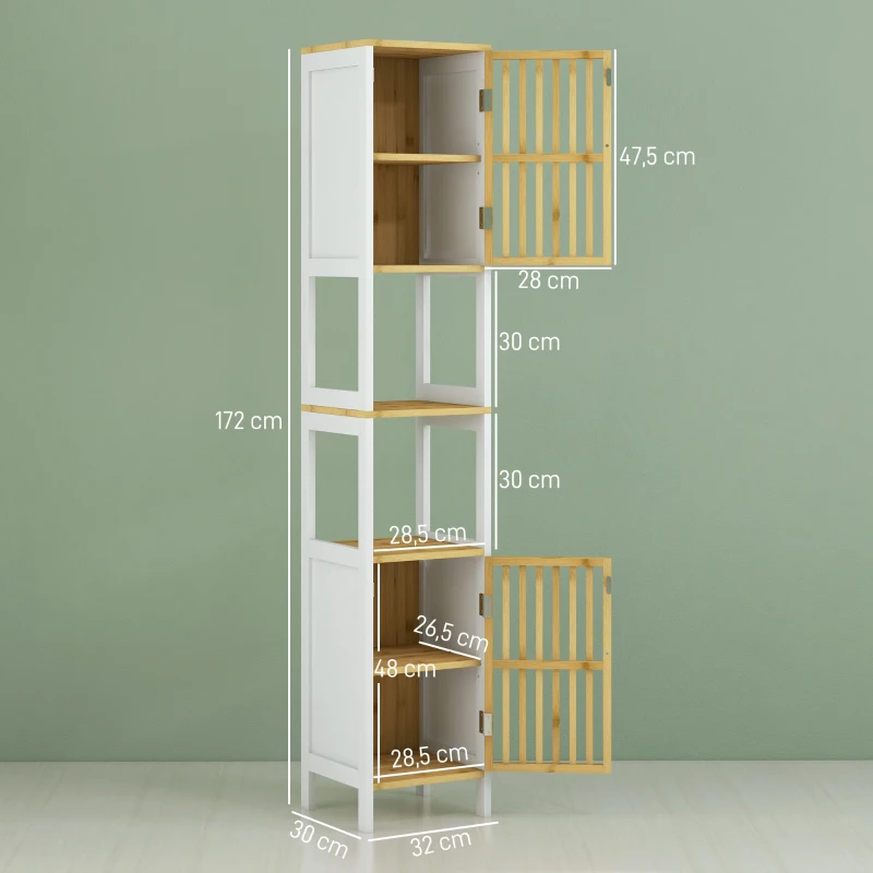 HOMCOM Meuble Colonne Rangement Salle de Bain bicolore dim. 30L x 32l x 172H cm 2 placards avec étagère réglable + 2 niches