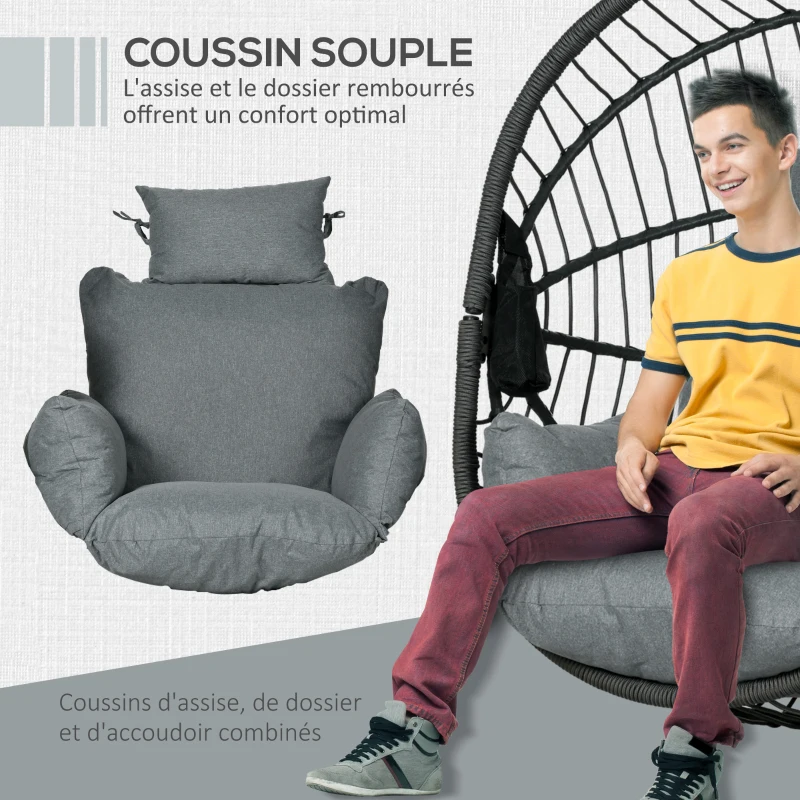 Outsunny Fauteuil œuf suspendu, chaise hamac balançoire intérieur et extérieur, panier pliable, coussin rembourré, gris