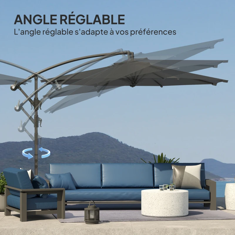 Outsunny Parasol déporté octogonal rabattable diamètre 3 m parasol de jardin avec pied en croix gris foncé