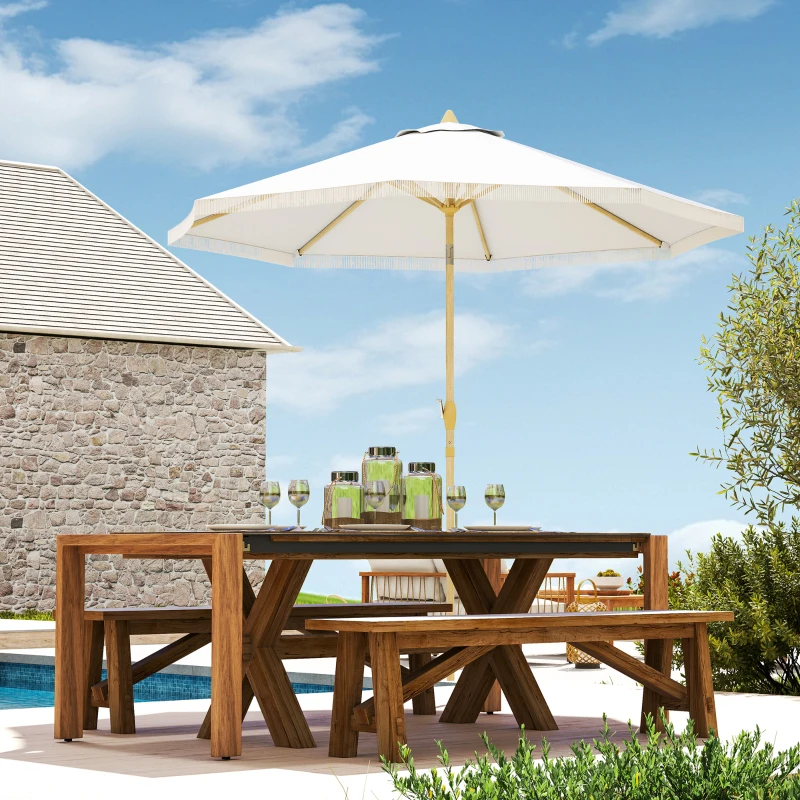 Outsunny Parasol de jardin inclinable parasol avec manivelle à franges style bohème 8 baleines Ø 265 x 244 cm blanc