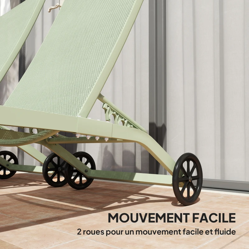 Outsunny Lot de 2 bains de soleil en aluminium et textilène avec roulettes dossier inclinable charge max. 150 Kg vert foncé