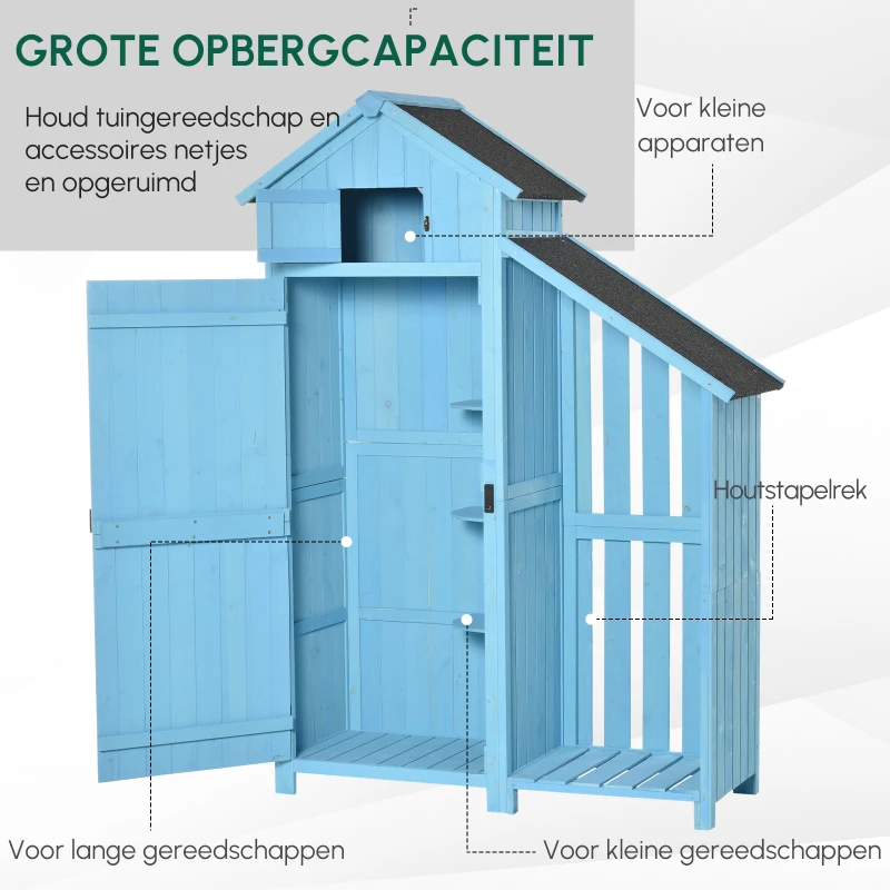 Outsunny tuinhuis gereedschapshuis gereedschapsschuur met opslagruimte voor brandhout gereedschapsschuur met 3 planken asfalt dak dennenhout hemelsblauw 130 x 54,5 x 180 cm
