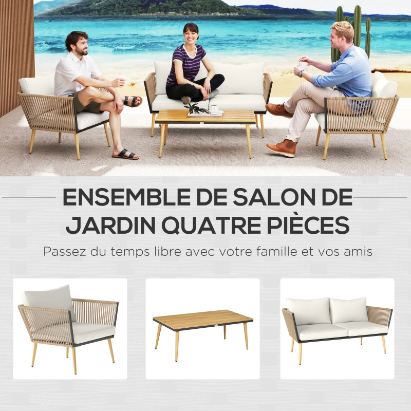 Outsunny Salon de Jardin en résine tressée 4 places avec 1 canapé 2 fauteuils et 1 table basse 7 coussins inclus crème
