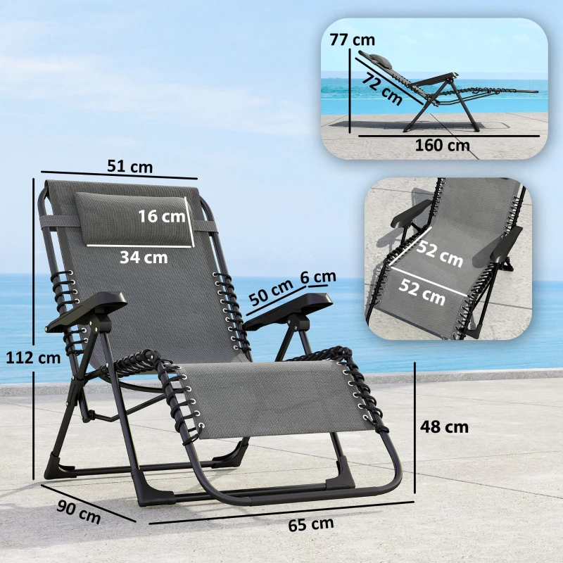 Outsunny Lot de 2 bain de soleil, chaise longue pliante inclinable avec appuie-tête en textilène, 90 x 65 x 112 cm, gris