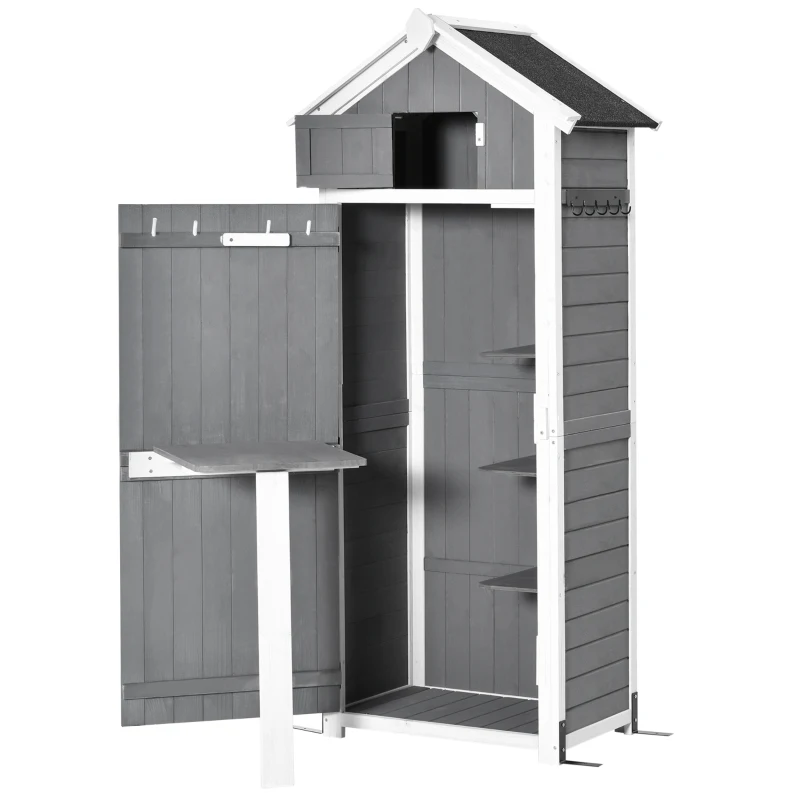 Outsunny Houten Tuinhuis, Grote, Functuele & Stijlvolle Tuinhouten Kast in Grijs Vurenhout 78x52.5x182cm(m-11)